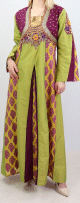 Robe de soiree orientale maxi-longue pour femme - Couleur vert clair brillant et violet avec parties dorees