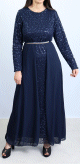 Robe longue evasee pailletee avec doublure et ceinture couleur bleu nuit