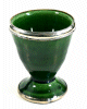 Coquetier artisanal marocain en poterie de couleur vert fonce emaille et cercle de metal decoratif argente