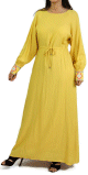Robe longue jaune avec ceinture integree et broderies au niveau des manches