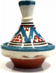 Mini tajine decoratif marocain en poterie de couleur blanc avec motifs bleu clair et rouge emaille