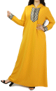 Robe longue type abaya marocaine moderne avec capuche et motifs dores pour femme - Couleur jaune moutarde