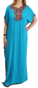 Robe orientale d'ete avec pompons multicolores de couleur bleu turquoise
