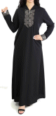 Robe longue type abaya marocaine moderne avec capuche et motifs dores pour femme - Couleur noire