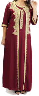 Gandoura marocaine (ensemble deux pieces robe et kimono) avec broderies dorees - Couleur Bordeaux