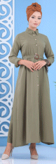 Robe longue boutonne avec ceinture - Couleur Kaki