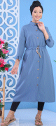 Tunique chemise longue avec cordon et boutons tout au long - Couleur Bleu