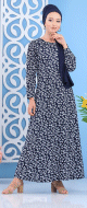 Robe longue a imprimes nenuphar pour femme - Couleur bleu marine