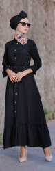 Robe longue de ville avec boutons sur l'avant et ceinture - Couleur noire (Vetement classe pour femme chic)