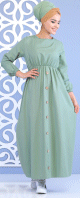 Robe longue cintree decoration boutons pour femme - Couleur vert amande