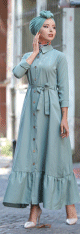 Robe longue de ville boutonnee avec ceinture pour femme - Couleur vert amande (Vetement chic turque en ligne)