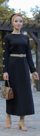 Robe de ville longue decoration boutons pour femme - Couleur noire