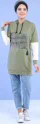 Sweat-shirt a strass inscription "Fashion" avec capuche pour femme - Couleur kaki