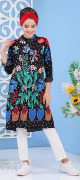 Tunique longue et ample en viscose pour femme - Couleur noire a imprime floral avec des motifs colores