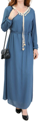 Robe maxi-longue fluide avec cordons a pompons pour femme - Couleur Bleu acier
