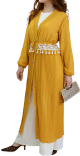 Kimono long plisse style oriental avec decorations et strass pour femme - Couleur jaune moutarde