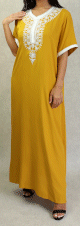 Robe longue manches courtes style oriental brodee avec strass et perle pour femme - Couleur Jaune moutarde