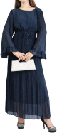 Robe longue plissee avec manches evasees - Taille Standard - Couleur Bleu marine