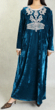 Robe orientale manches longues effet velours style tunisien avec broderie et perle pour femme - Couleur Bleu canard