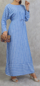 Robe longue en coton a rayures blanches - Couleur bleu