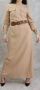 Robe longue evasee avec poches et ceinture marron - Couleur Beige