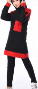 Survetement femme 2 pieces avec capuche de couleur noir et rouge - Grandes tailles disponibles