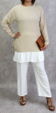 Ensemble deux pieces bicolore tunique et pantalon couleur Beige et Blanc