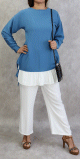 Ensemble deux pieces bicolore tunique et pantalon couleur Bleu acier et Blanc