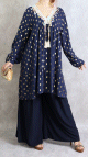 Tunique longue et ample (Grande taille) de couleur Bleu marine avec motifs dores broderies et pompons (100% coton)