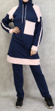 Survetement femme 2 pieces avec capuche de couleur bleu marine et rose clair (Grandes tailles disponibles)