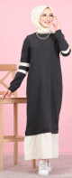 Robe longue moderne bi-couleur (Vetement hijab pas cher de Turquie pour femme voilee) - Couleur gris anthracite et blanc