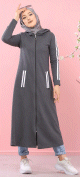 Cardigan long a capuche - Robe zippee style sport pour femme musulmane - Couleur Gris anthracite