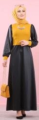 Robe en simili-cuir pour femme (Boutique en ligne de Mode musulmane - Paris - France) - Couleur noire et jaune moutarde