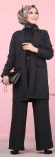 Ensemble elegant veste longue et pantalon pour femme (Tenue Hijab - Modest Fashion) - Couleur noir