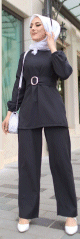 Ensemble femme : tunique et pantalon avec ceinture (Vetement femme voilee) - Couleur noir