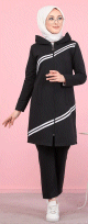 Ensemble survetement Hijab a capuche et bande blanche pour femme voilee (Hoodies and oversized sweaters) - Couleur noir