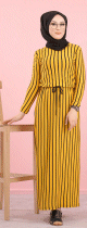 Robe maxi-longue a rayures mode decontracte ceinture integree (Vetement femme Hijab en ligne) - Couleur Moutarde