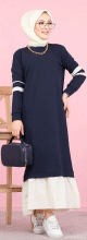 Robe longue moderne bi-couleur pour femme (Vetement musulman hijab pas cher et mastour) - Couleur bleue marine et blanc