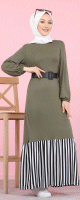 Robe longue bi-matiere fluide pour femme (Vetement-Hijab moderne) - Couleur kaki