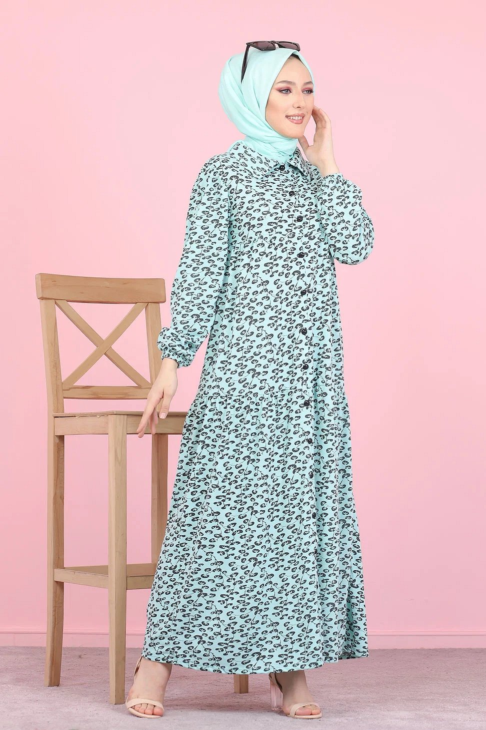 Robe longue boutonnée ample imprimée Nénuphar (Robes Hijab pour femme  voilée) - Couleur Vert d'eau - Prêt à porter et accessoires sur