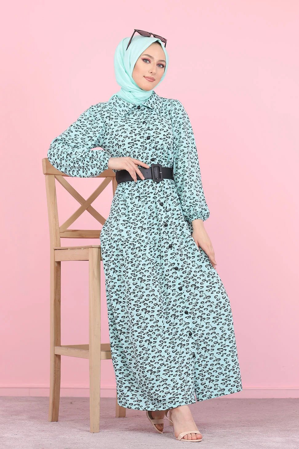 Robe longue boutonnée ample imprimée Nénuphar (Robes Hijab pour femme  voilée) - Couleur Vert d'eau - Prêt à porter et accessoires sur