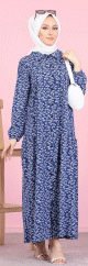 Robe longue boutonnee ample imprimee Nenuphar (Robes Hijab pour femme voilee) - Couleur Bleu marine