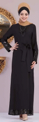 Robe de soiree maxi-longue pailletee avec sa ceinture et son collier assorti - Couleur noire (vetements islamiques modernes pour femme)