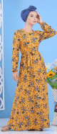 Robe decontractee maxi-longue imprimee floral pour femme - Couleur jaune moutarde et motif fleur bleu