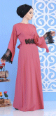 Robe de soiree elegante maxi-longue a dentelle noire pour femme - Couleur rose foncee