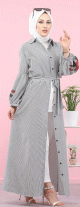 Robe chemise imprimee a rayures (Vetement hijab femme voilee) - Couleur gris et blanc