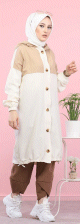 Veste longue bicolore a capuche (Mode islamique) - Couleur blanc et Beige