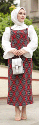 Robe Salopette femme a carreaux (Vente en ligne Pret a porter femme musulmane) - Couleur gris et rouge