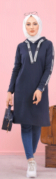 Sweatshirt long avec capuche style moderne decontracte et sport (Vetement voyage femme musulmane) - Couleur Bleu marine