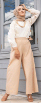 Ensemble Pantalon Palazzo ample et Blouse avec collier assorti pour femme - Couleur creme et beige